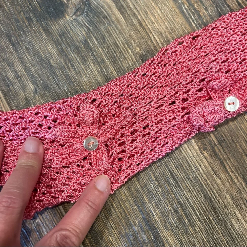 Vintage Y2K Kikit Knitwear Pink Crochet Sleeve Baby Tee – Size Small - Picture 3 of 6